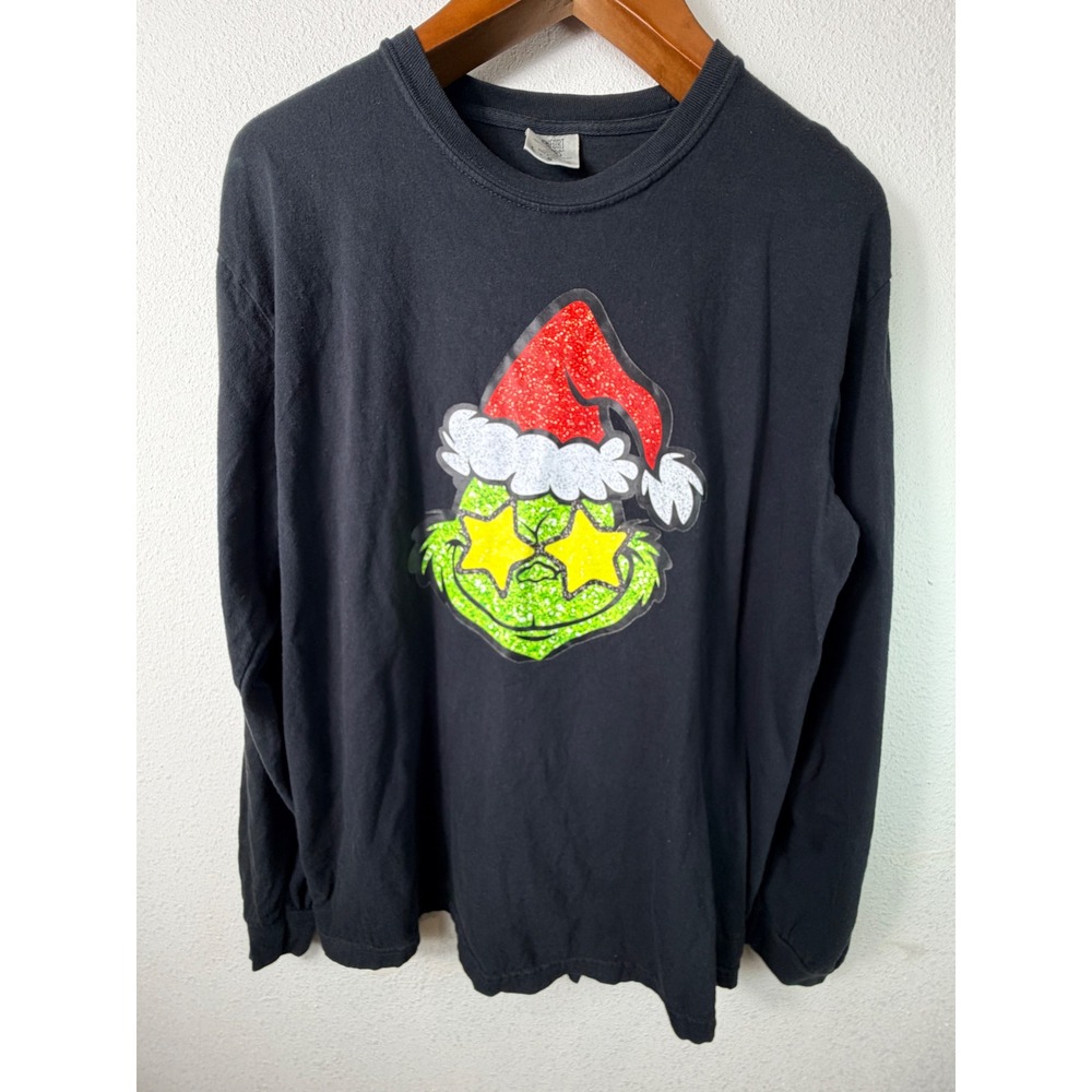 Grinch Christmas Glitter Star Black Long Sleeve Large Shirt Unisex Streetwear